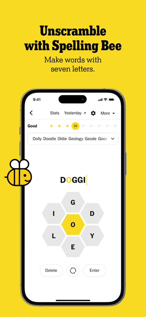 Spelling Bee Worträtselspiel-Oberfläche in der NYT Games Mobile App