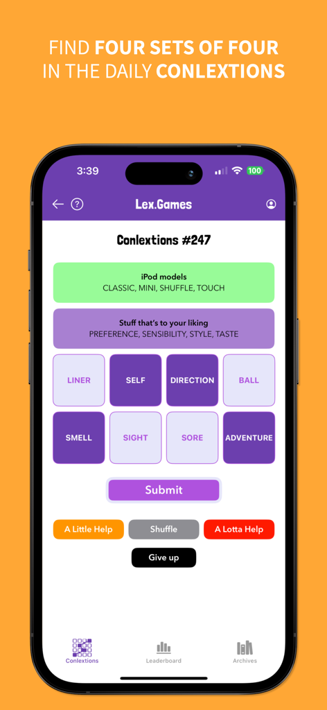 Lex Gamesアプリ内のConlextionsゲームのインターフェース。毎日の単語グループ化チャレンジが表示されています。