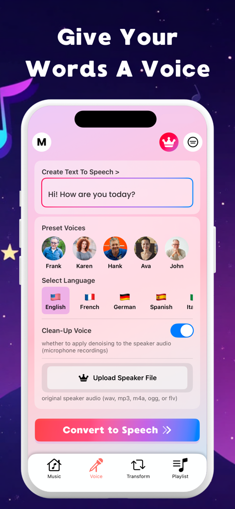 BeatBot: AI Music Generator - BeatBot app screen showing text to speech generation with preset AI voices and language selection options.