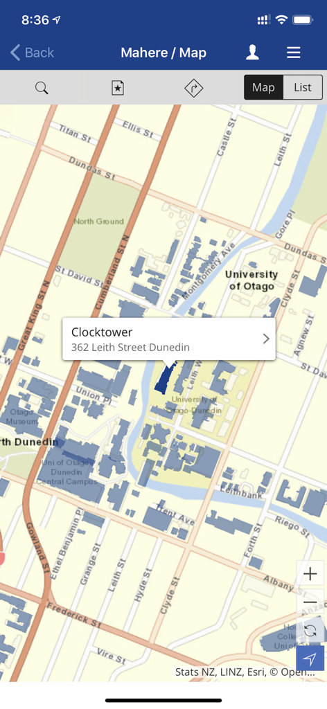 Interactive campus map of the University of Otago showing the Clocktower location in Dunedin