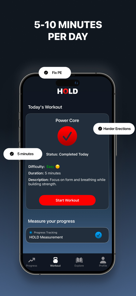 HOLD: Last Longer Kegels - Smartphone showing the HOLD app daily workout interface with a five minute pelvic floor exercise plan for men.