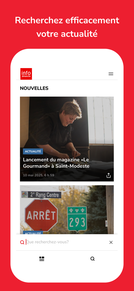 infodimanche - Feed de notícias do aplicativo móvel Infodimanche com uma barra de pesquisa e artigos locais da região KRTB em Quebec
