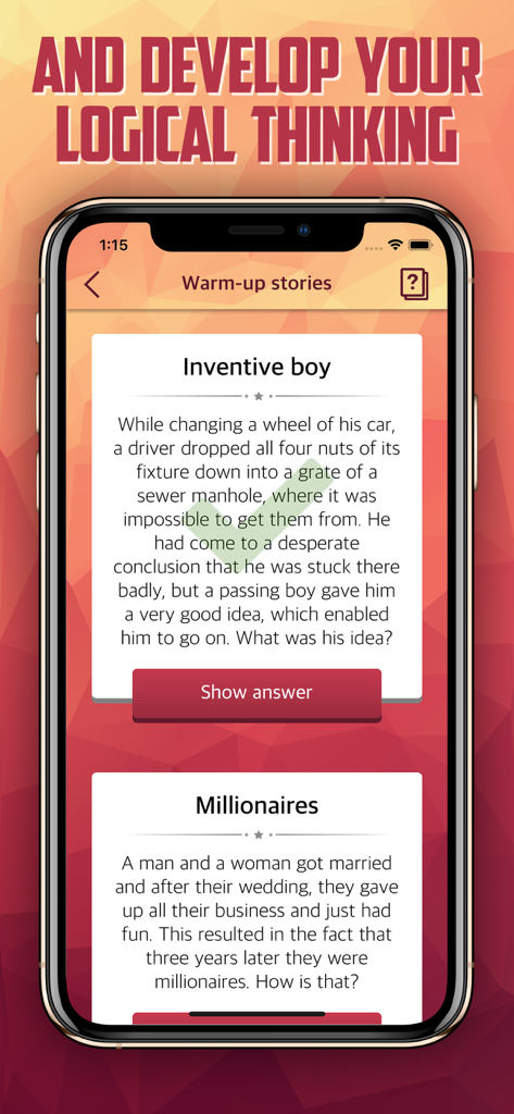 Group Games on Phone: Yes No - Mobile screen showing lateral thinking logic puzzles in a group game app.