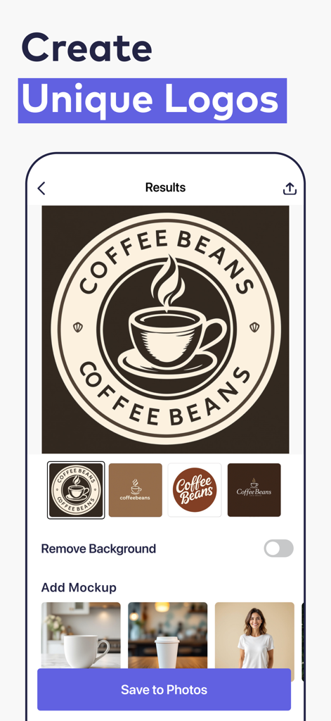 Impresso app interface displaying a coffee shop logo design with various merchandise mockup options