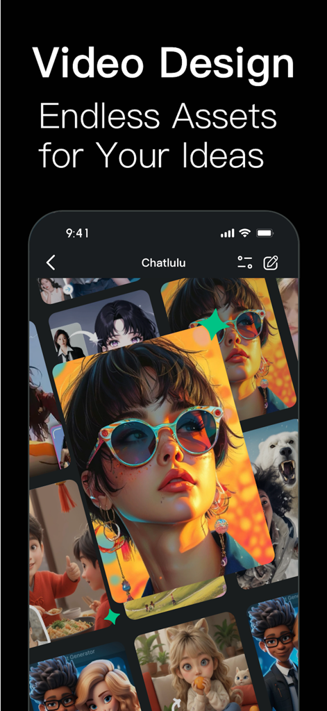AI video design interface with colorful character portraits