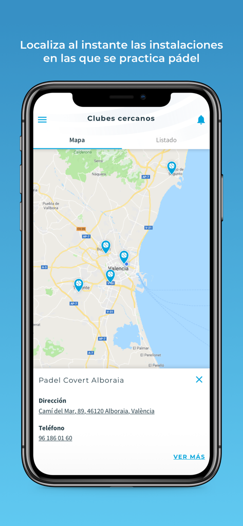 PADELGO - PADELGO app map showing nearby padel club locations and contact details