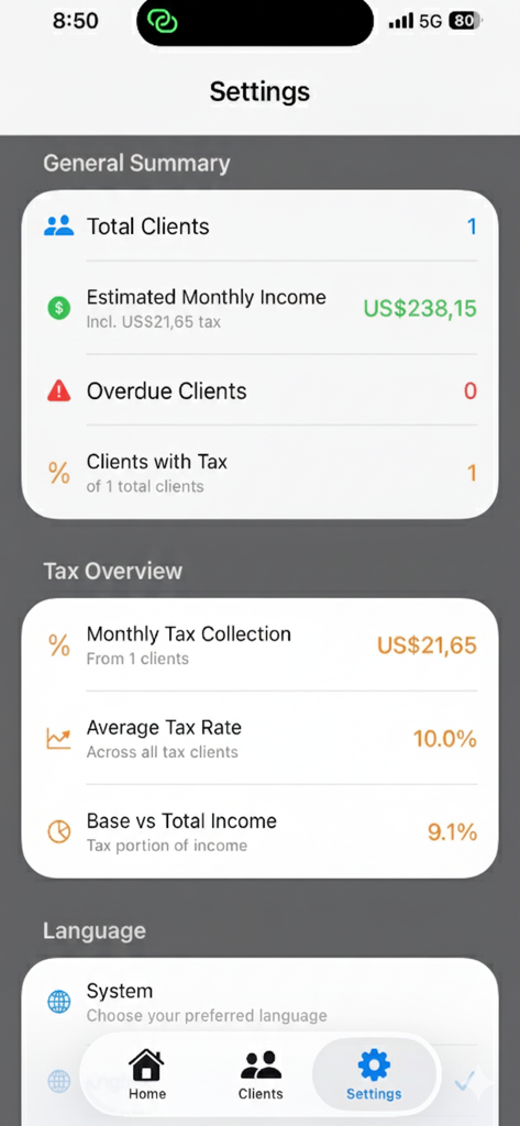 ClientPay: Client Billing App - ClientPay app settings screen showing total clients, estimated monthly income, and tax overview.