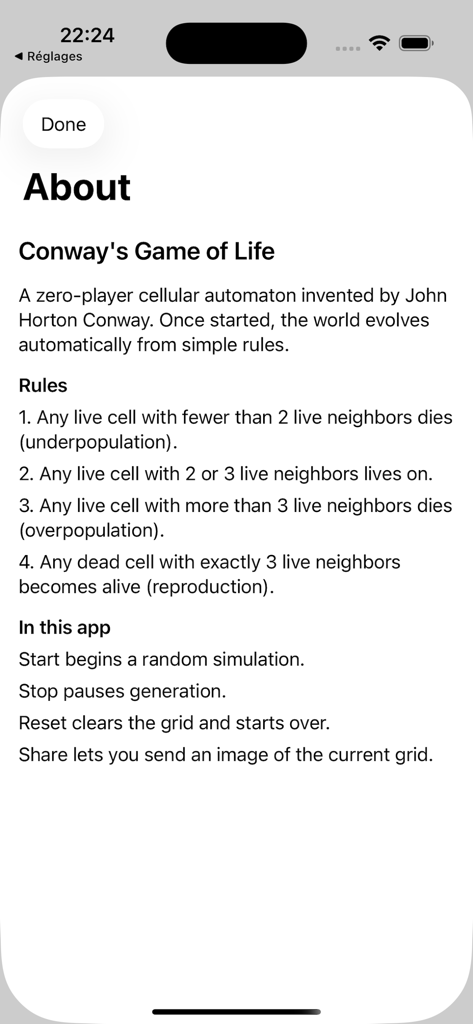 An informational screen explaining the rules and controls of the Game of Life idle app.
