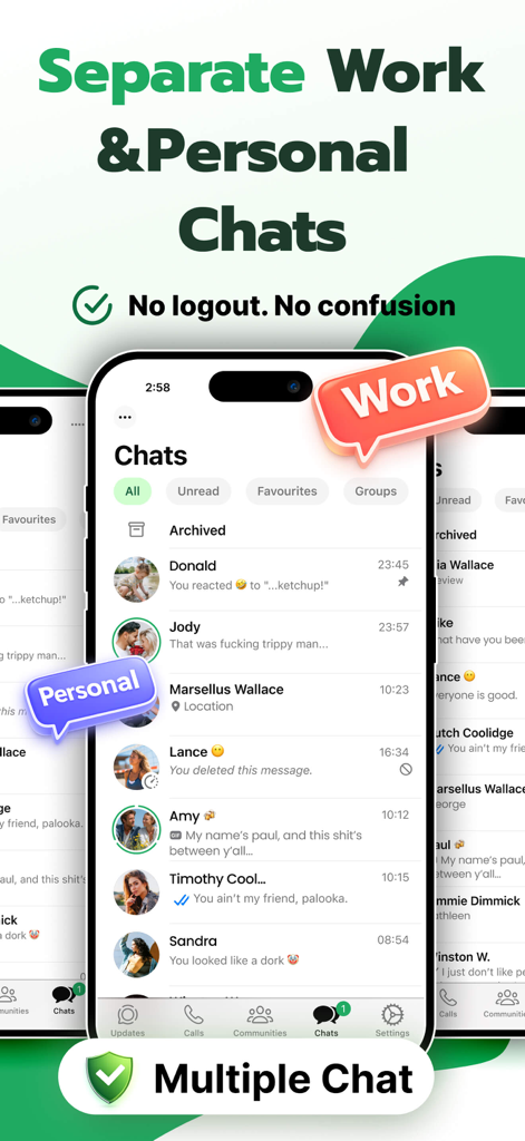Whats Web – Dual App Messenger - Um display de smartphone mostrando a capacidade de separar mensagens de trabalho e pessoais usando um aplicativo de mensagens de conta dupla.