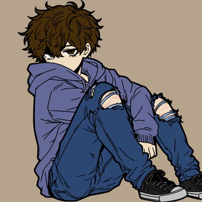 a male hoddie ripped jeans messy hair anime