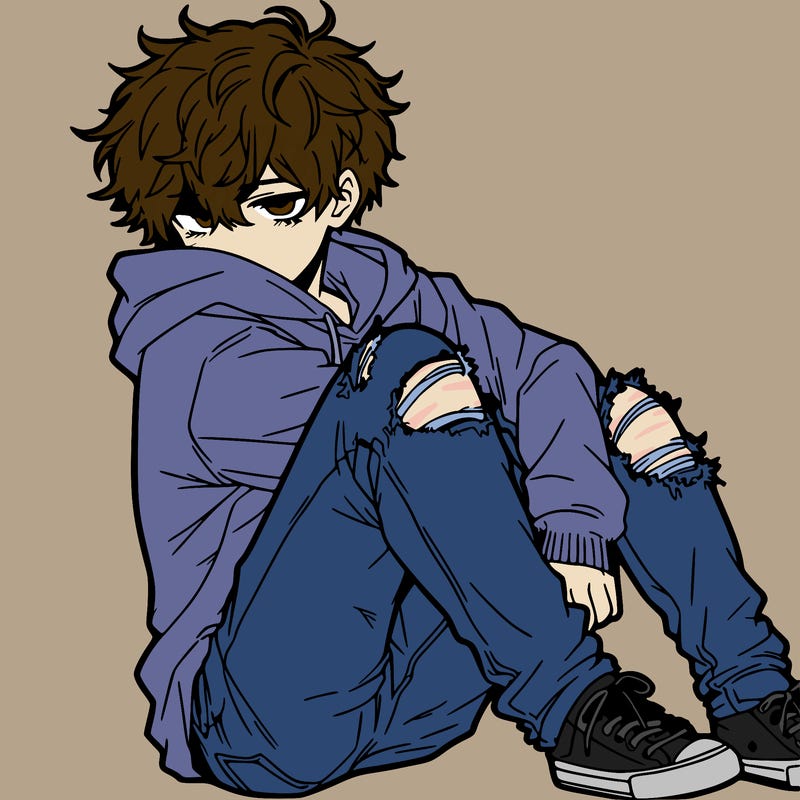 a male hoddie ripped jeans messy hair anime