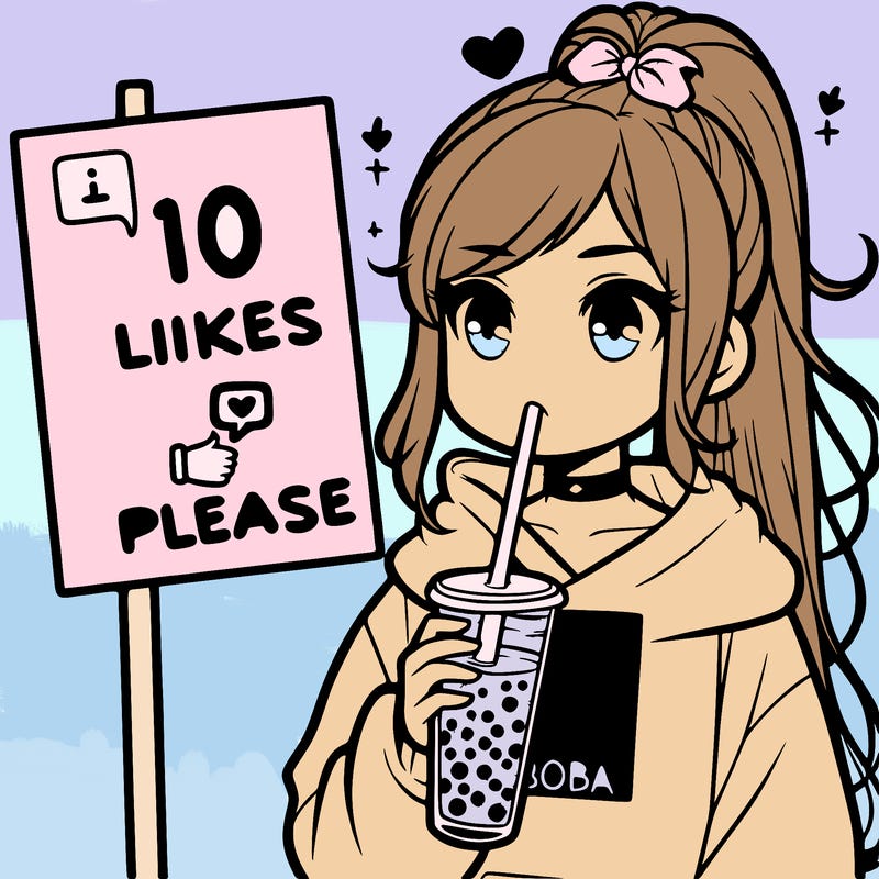 girl with a high ponytail and a hoodie drinking boba staring at a sign saying 10 likes please