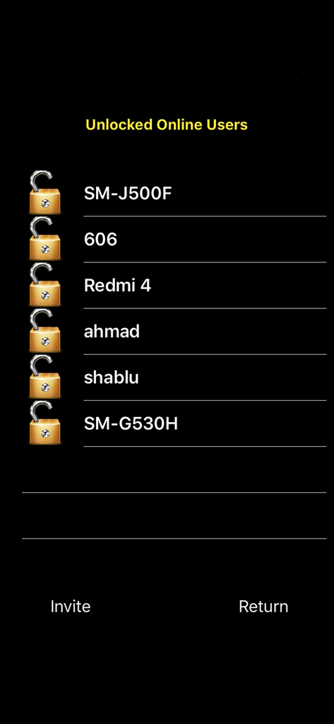 Interface showing a list of active online users with invite and return options