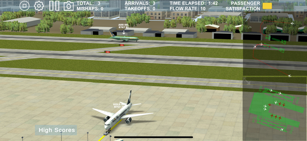 Airport Madness 3D - Air traffic control gameplay in Airport Madness 3D showing aircraft on the runway and radar screens