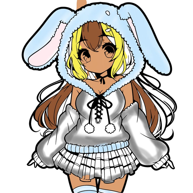 pretty anime girl wearing a fluffy hoodie with bunny ears on the hood and a skirt
