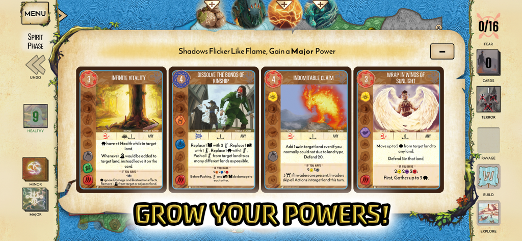독특한 능력을 가진 네 가지 메이저 파워 카드 선택을 보여주는 스피릿 아일랜드 디지털 보드 게임 화면