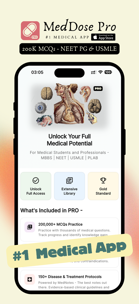 MedDose Pro - MCQs & Diseases - MedDose Pro app interface for medical student exam preparation and study resources