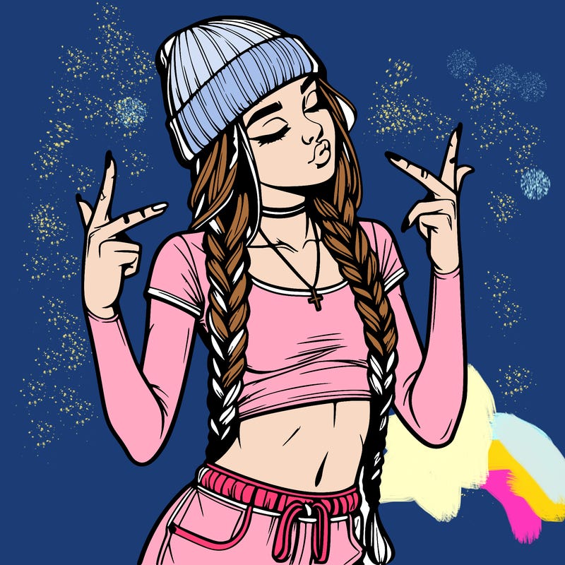realistic teenage girl with braids and a beanie and crop top doing 🫶🏼