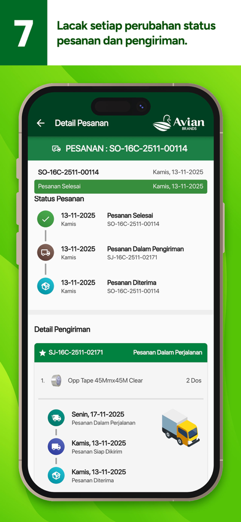 Avian Brands - Schermata dell'app mobile che mostra lo stato dell'ordine e i dettagli di tracciamento della consegna per i prodotti Avian Brands.