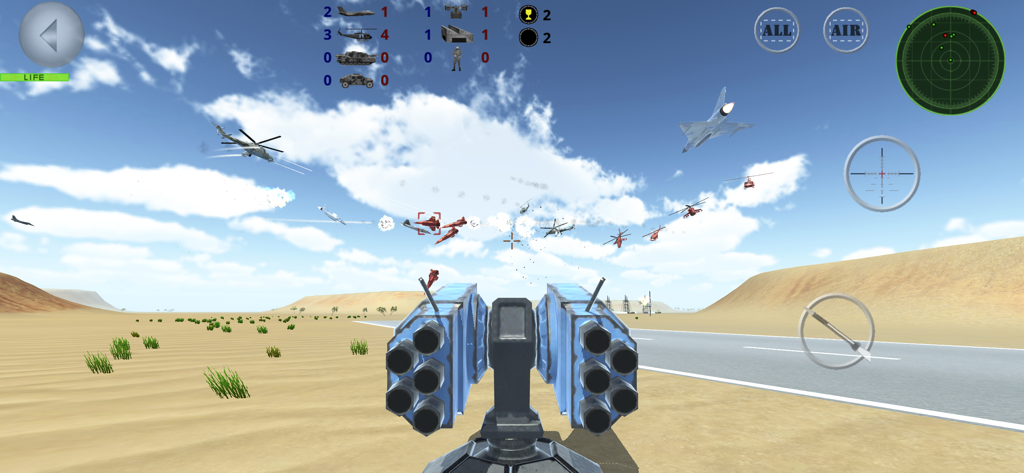 Fighter 3D Multiplayer - Gameplay screenshot of an anti aircraft missile launcher targeting enemy jets and helicopters in a desert landscape