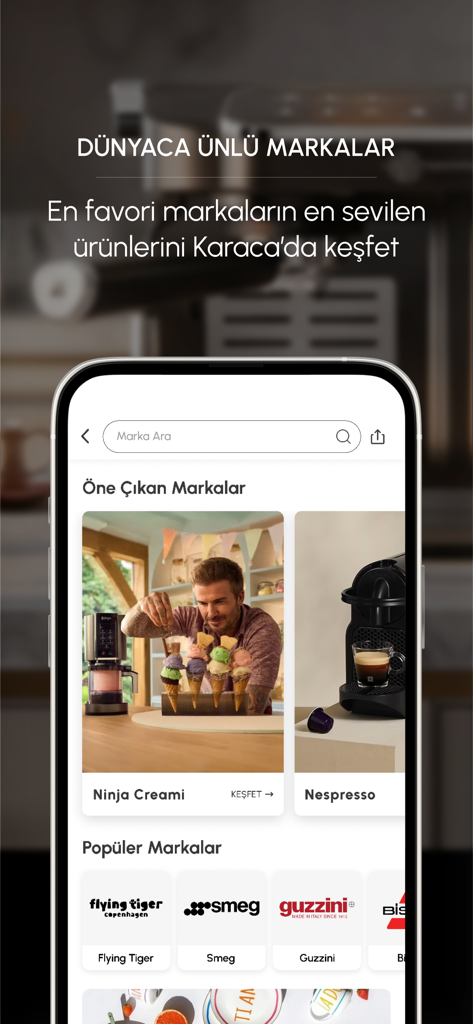 Karaca: Ev & Yaşam Alışverişi - Pantalla de teléfono móvil mostrando marcas globales populares disponibles en la aplicación de compras del hogar Karaca