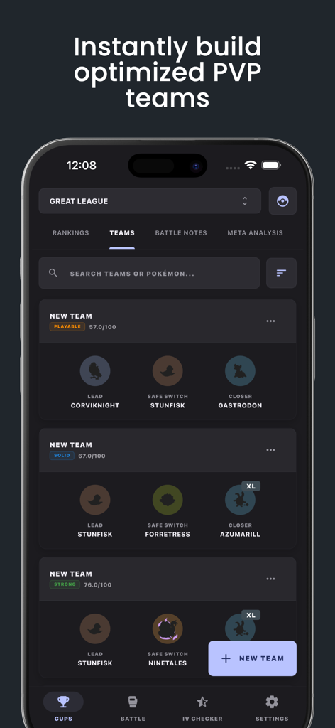 BattleFlow: PoGo PVP Companion - A mobile screen showing the BattleFlow app team generator with optimized Pokemon GO PVP lineups for the Great League