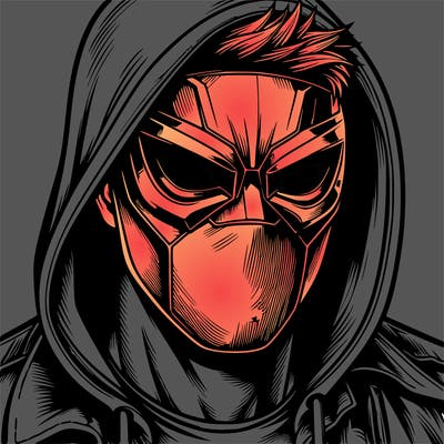 realistic superhero with a mask covering the full face and a hood