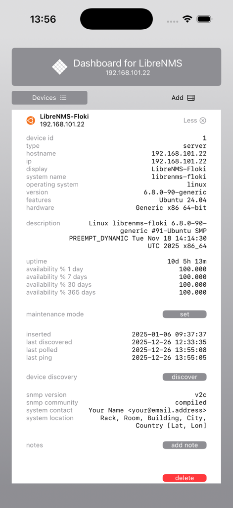 Dashboard for LibreNMS - Dashboard for LibreNMS app showing network device details and server uptime
