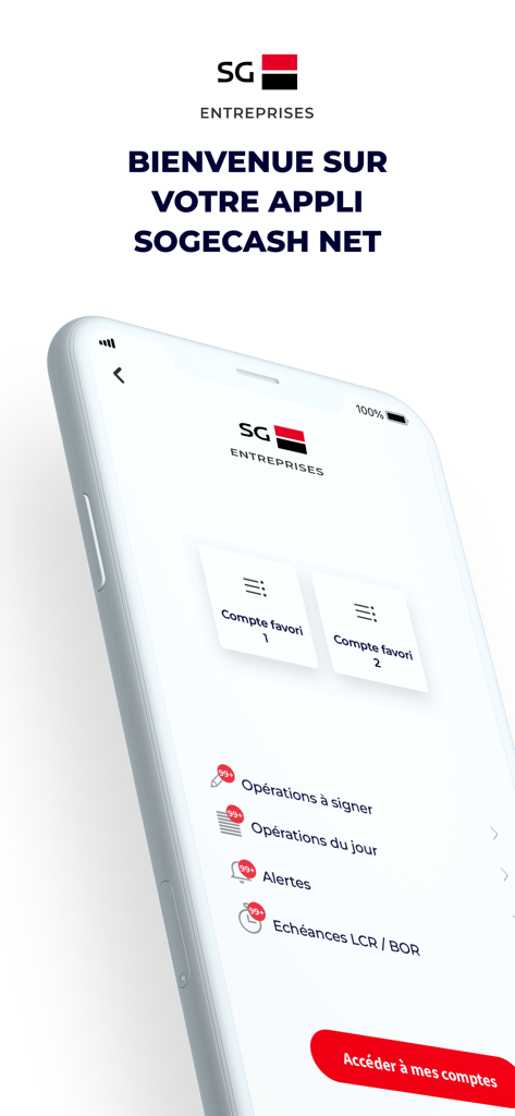 Écran d'accueil de l'application Sogecash Net SG pour la banque d'entreprise