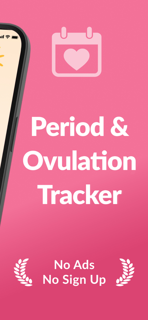 Period Tracker ` - Pantalla promocional de Period and Ovulation Tracker destacando características de privacidad como sin anuncios y sin necesidad de registrarse