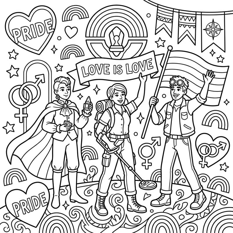 Embark on an exciting journey with our courageous Relic Retrievers as they join the vibrant festivities of Pride Month. This unique coloring page blends historical adventure with powerful symbols of love and diversity for an engaging creative experience.