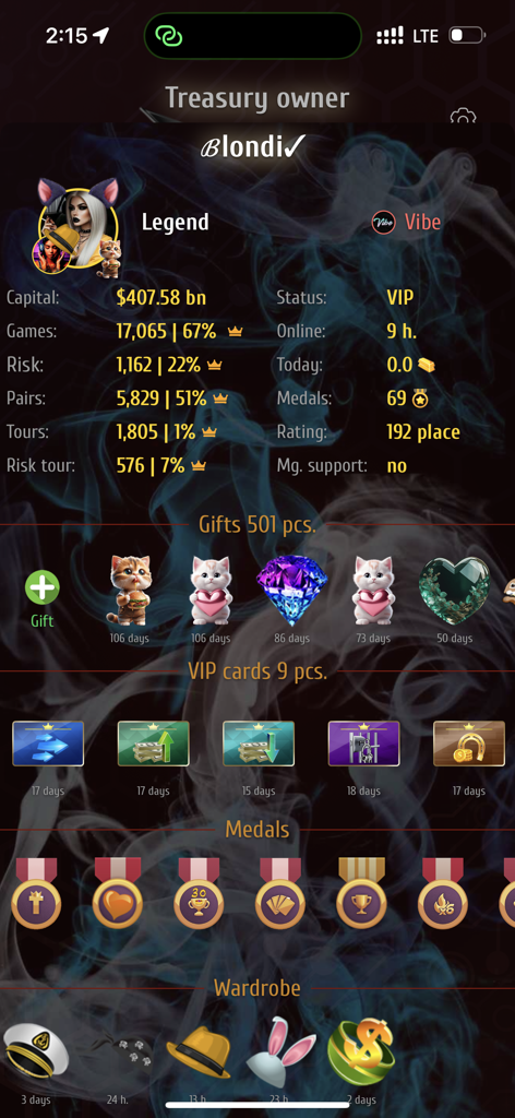 Magnate - board game - A detailed user profile screen in the Magnate board game featuring player stats, VIP status, and collectible items.