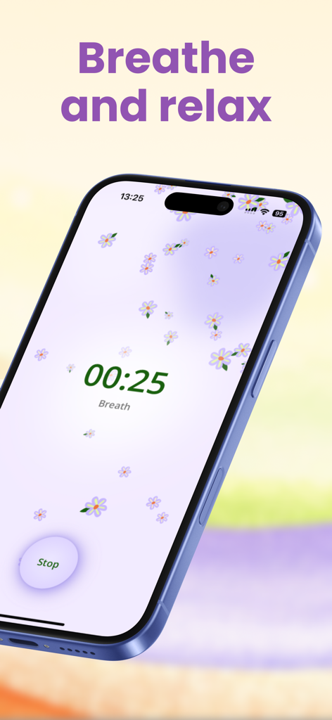 A smartphone showing the contraction timer app with a breathing countdown and the text breathe and relax