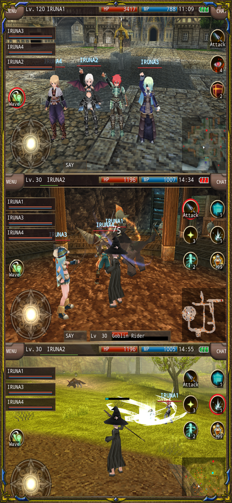 RPG IRUNA Online MMORPG - Gameplay screenshots of RPG Iruna Online showing party combat and character exploration