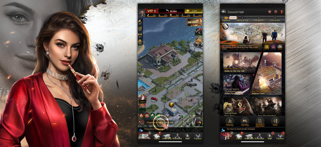 Capturas de pantalla del juego móvil The Grand Mafia mostrando el retrato de un personaje femenino, la vista de la base de la finca y el menú de eventos de la sala del consejo
