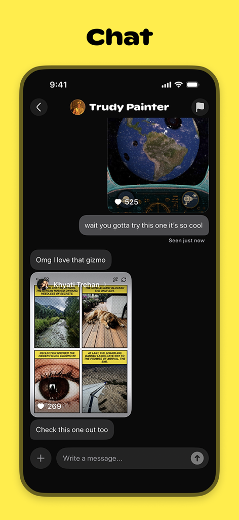 Mobile app chat interface showing users sharing interactive 3D gizmos and graphic creations.
