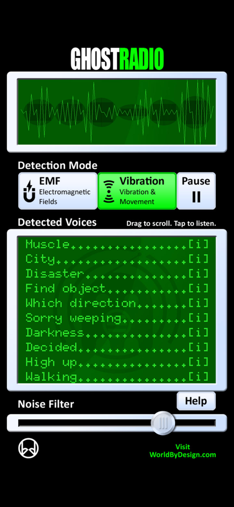 GhostRadio - GhostRadio app che mostra la modalità di rilevamento delle vibrazioni e l'elenco delle voci rilevate