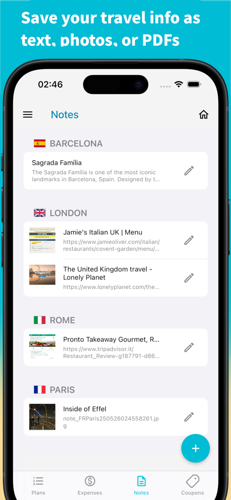 SaveTrip - SaveTrip 앱의 모바일 화면에 런던, 파리와 같은 도시별로 정리된 여행 메모와 저장된 링크가 표시됩니다