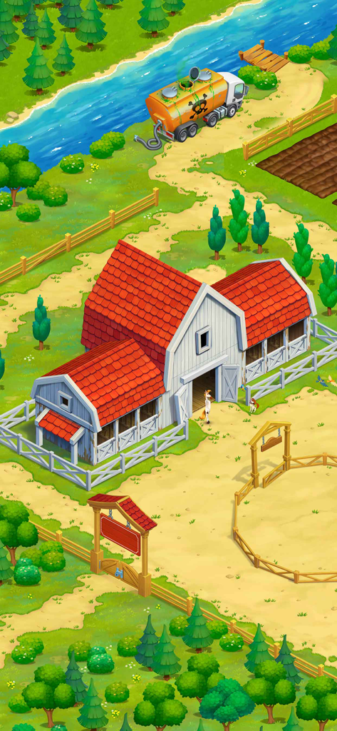 Word Farm Adventure - Isometric view of a farm with a red roofed barn and a suspicious toxic truck by the river