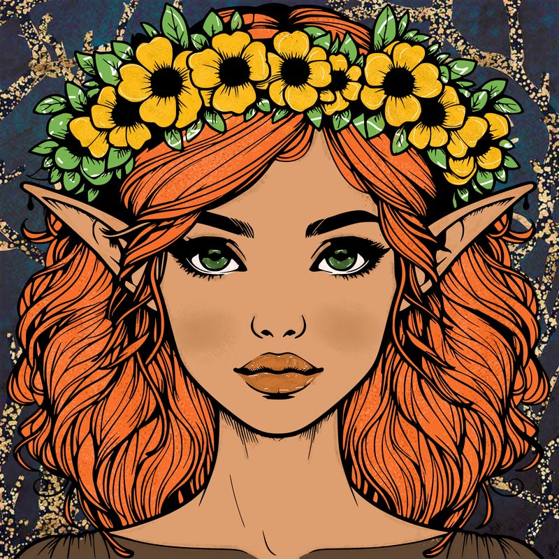 realistic female elf with flower crown