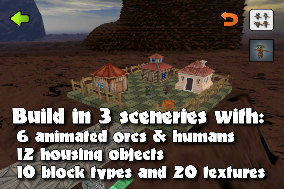 Gameplay-Screenshot von Castle Builder 2, der ein benutzerdefiniertes Dorf mit drei Häusern und Ork-Charakteren auf einer Steinplattform zeigt.