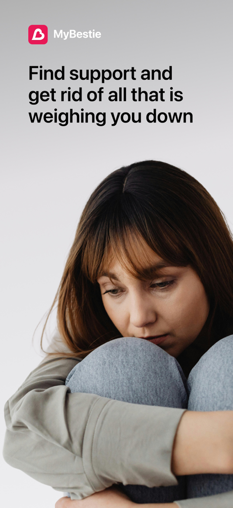 MyBestie－Mental Health Support - Eine Frau blickt bedrückt und mit Text über das Finden von psychischer Gesundheitsunterstützung und emotionaler Erleichterung