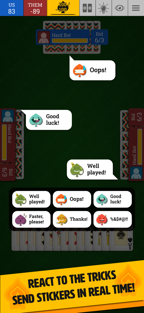 Pantalla del juego que muestra una partida de Spades con jugadores usando pegatinas personalizadas para reaccionar y comunicarse durante el juego.