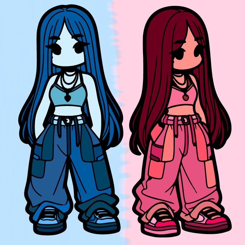 girl in baggy pants crop top and long hair