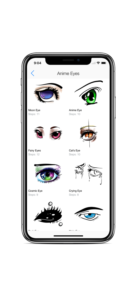 Draw Human Body - Hair Style - Interface of a drawing app showing various anime eye styles with step by step lessons