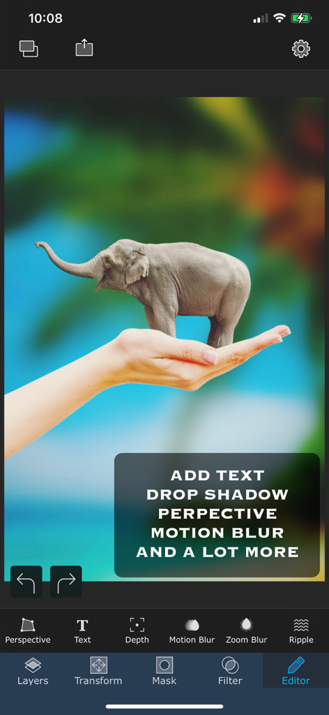 Superimpose - A surreal photo composite of a tiny elephant standing on a human hand created in the Superimpose app.