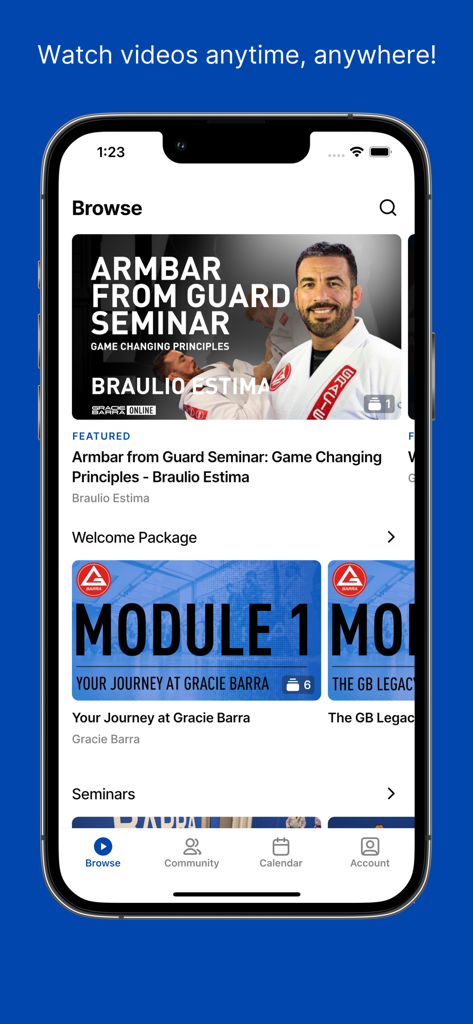 Screenshot of the Gracie Barra Online app browse section featuring Brazilian Jiu Jitsu training modules and seminars