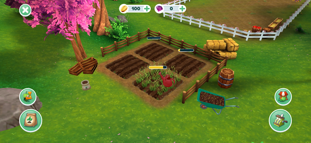 Star Stable: Horses - 플레이어가 망아지를 위한 간식을 재배할 수 있는 스타 스테이블 호스 앱의 정원 구역.