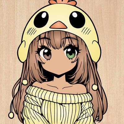 anime girl with chick shaped hat with sweater with bare shoulders with bangs covering them one eye with low tail