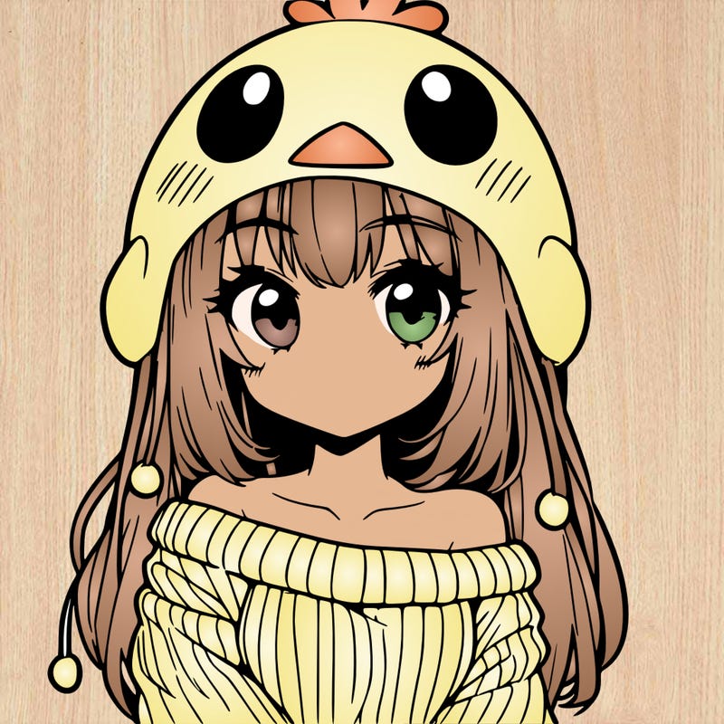 anime girl with chick shaped hat with sweater with bare shoulders with bangs covering them one eye with low tail
